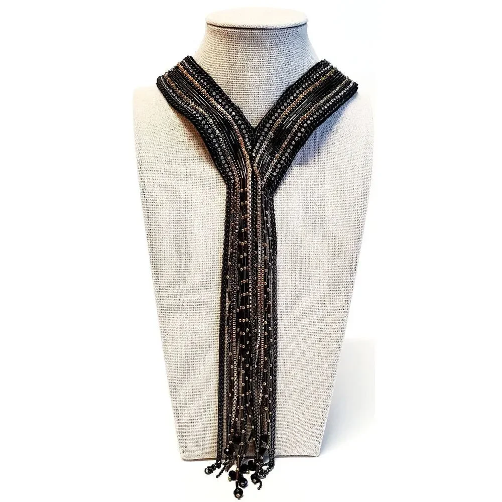 Chico's Miesha Necklace Fringe Bead Silver Gold Beads Collar Statement Y Pendant - Picture 1 of 11